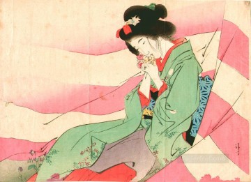  bijin Pintura al %c3%b3leo - Bijin en cortina rosa y blanca 1903 Kiyokata Kaburagi japonés